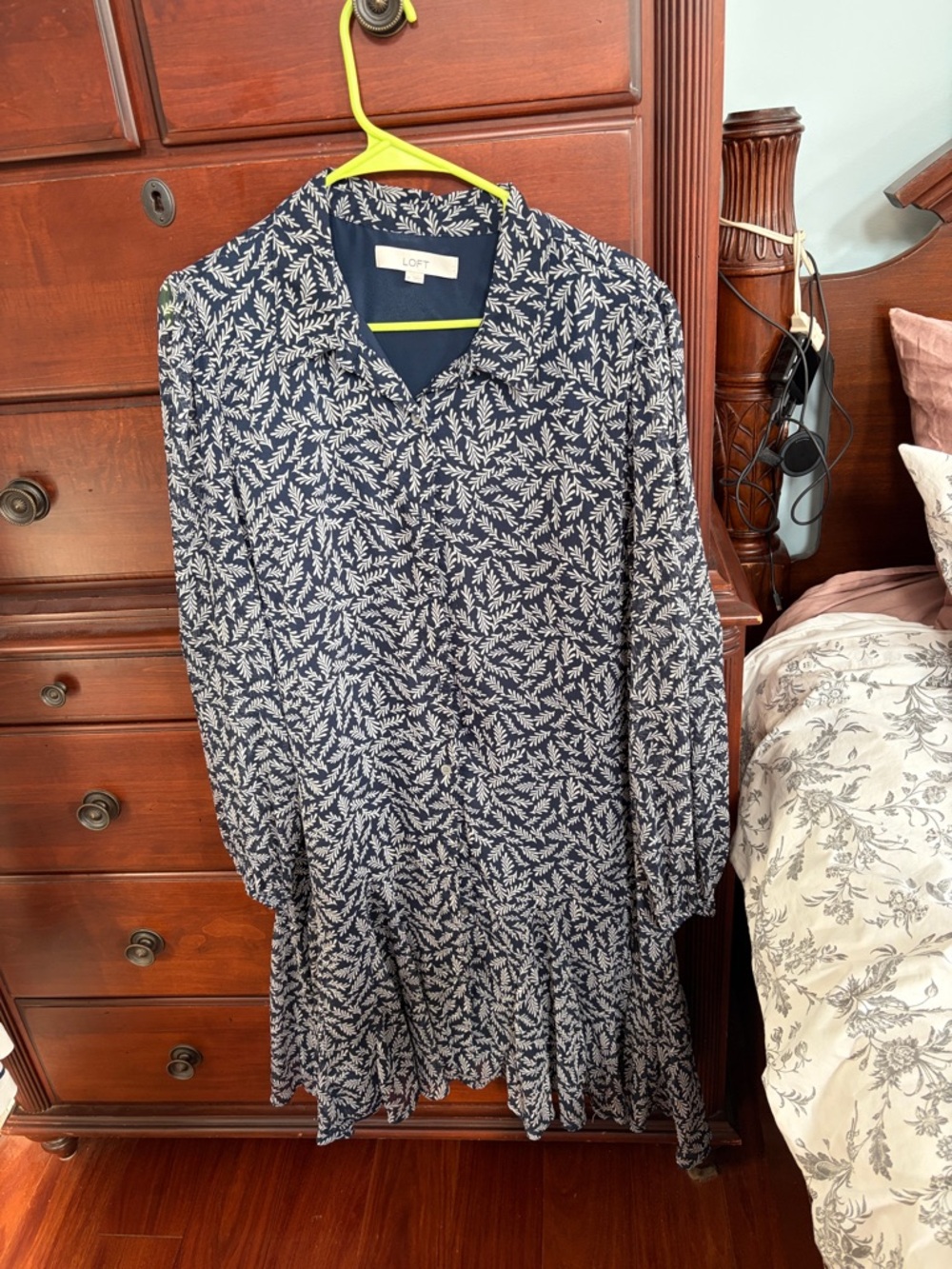 LOFT Navy and White Long Sleeve Printed Dress